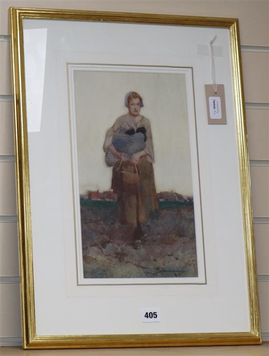 William Lee Hankey (1869-1952), full-length portrait of a girl in a landscape, signed, watercolour, 35 x 20cm